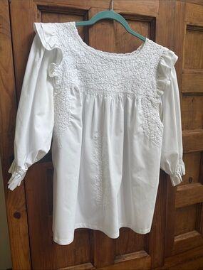 Mi Golondrina White Smocked Ruffle-Trim Blouse